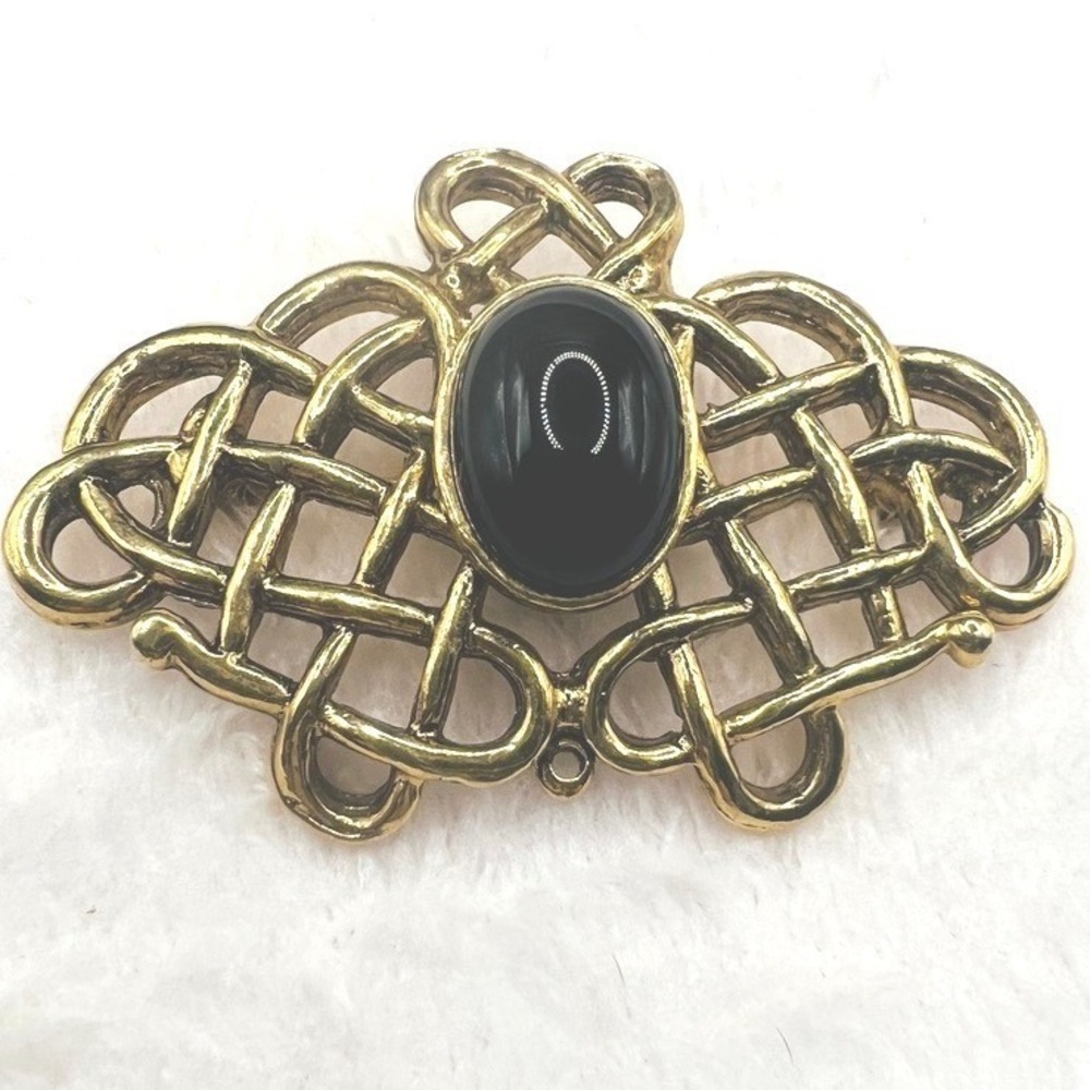 Vintage Dauplaise Brooch Celtic Knots Black Cabochon Gold Tone 2.5X1.75" READ